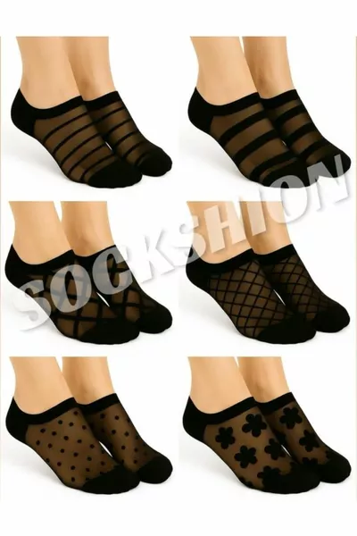 Calze a punta in tulle nero con fantasia donna, confezione da 6