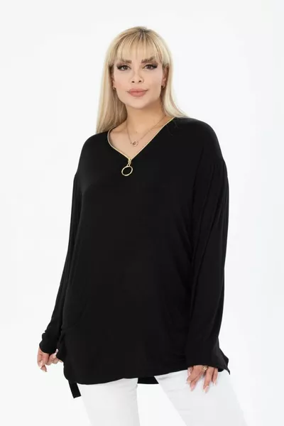 Black Collar Zip-Up Long Sleeve Blouse