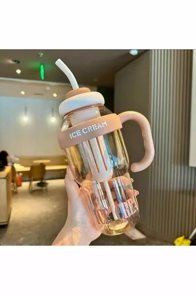 Ice Cream Water Bottle with Straw and Strainer, Detox Flask, Made of PP+PC and BPA Free