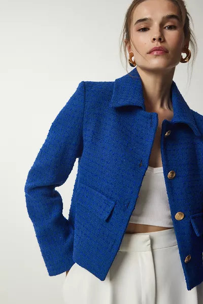 سترة قصيرة من التويد الأزرق للنساء 