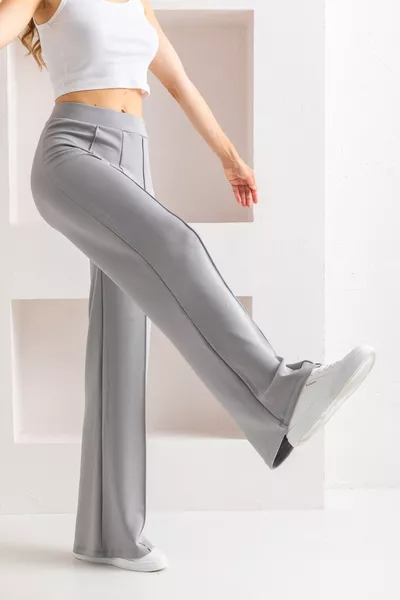 Women's Gray High-Waist Shaping Ribbed Front Wide-Leg Modal Fabric Leggings Pants