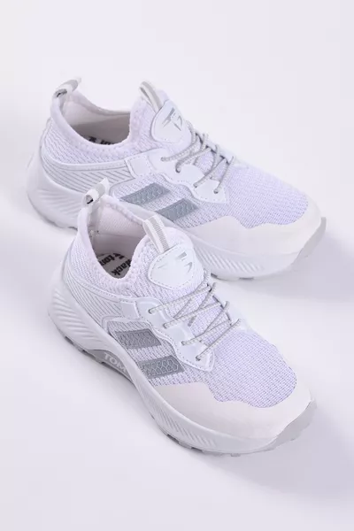 حذاء رياضي للأطفال بحجم موحد للجنسين، أبيض، فضي، مريح، مصنوع من قماش قابل للتنفس ومزود بأربطة