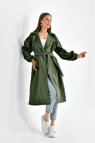 Belted Khaki Balloon Sleeve Waterproof and Windproof Fabric Trench Coat 