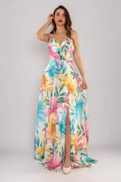  حبل حزام مزدوج الصدر منقوشة شق اصطف فستان طويل من الشيفون