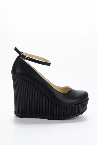 Women's Black Leather Block Heel Shoes CNR