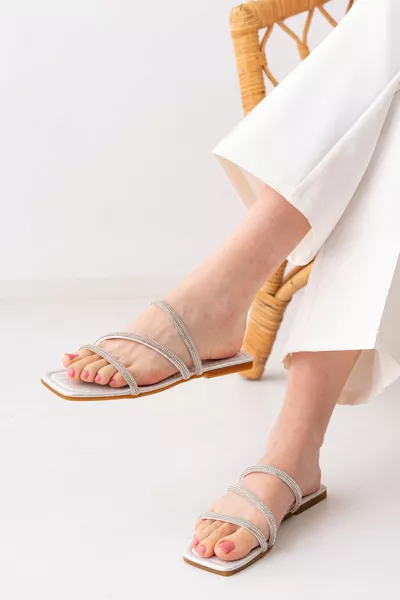 Mules d'intérieur et de plage en argent avec semelle orthopédique, mousse de 5 mm, à trois pierres, robe et sandales