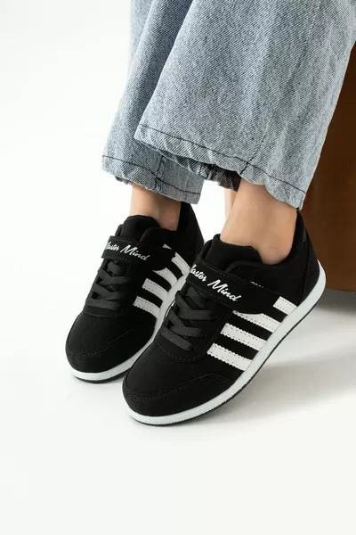 Kinder zwart-wit veterschoenen met één klittenband, flexibele lichte kunstleren unisex kindersneakers