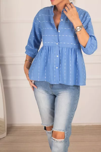 Chemise à manches quart bleu à six cordons de serrage pour femmes 