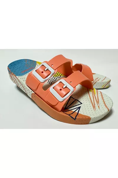 حذاء منزلي نسائي ضد الانزلاق بنعل تشريحي برتقالي بدون إبزيم بشريط مزدوج للاستخدام داخل المنزل وعلى الأرضيات المبللة