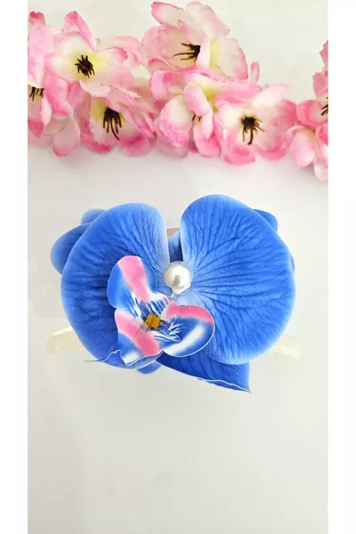 مشبك شعر بأزهار الأوركيد مع خرز لؤلؤي، مقاس  سم، مزدوج الوجه، قطعة واحدة