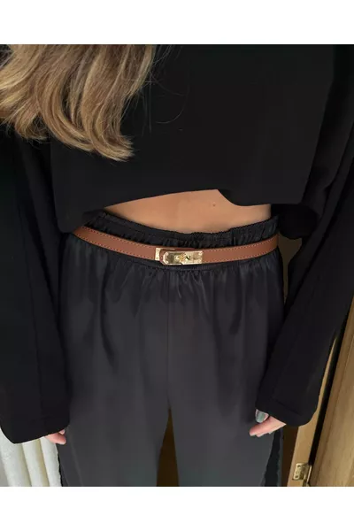 حزام بخياطة ومشبك ذهبي 2 سم عسلي