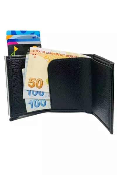 محفظة جلدية رجالية أوتوماتيكية بآلية تلقائية مع مكان للبطاقات باللون الأسود