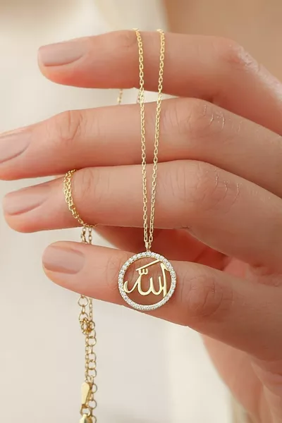  Sterling Silver Gold Necklace with Allah Inscription and Stone