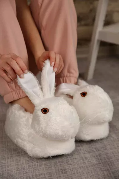 Bayan Kadın Panduf Tavşanlı Panduf Pembe Ev Içi Bot Beyaz Panduf