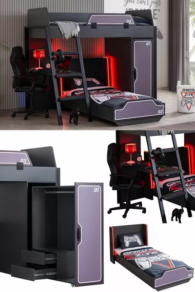 غرفة لاعب بطابقين، سرير بطابقين للاعب مع مكتب وخزانة و إضاءة LED