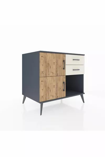 خزانة كرونوس برف واحد ودرجين وغطائين، رمادية-صنوبر/حجر رملي