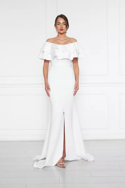 أبيض قارب طوق كشكش التفاصيل بسط النسيج منخفض الكتف ماكسي طول مساء اللباس فستان السمك