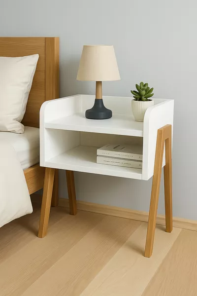 MDF-Nachttisch mit massiven Holzbeinen – Skandinavischer Stil, modern, natürlich und stilvoll