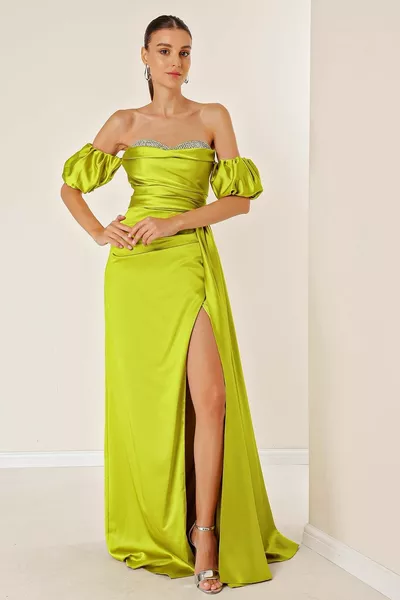 Long Satin Dress with Stone Detail on the Chest and Low Watermelon Sleeves with Slits at the Front Pistachio Green