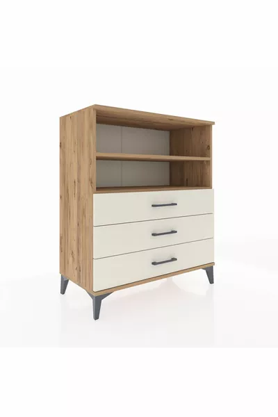 خزانة هايبرينون مع رفين وثلاثة أدراج، خشب الصنوبر-مرمر