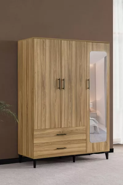 خزانة ملابس، بليسك بثلاثة أبواب، خزانة أدراج مع مرآة - جوز