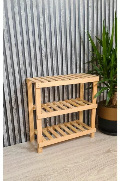 Ahşap Wood Декоративна 3-степенна Етажерка за Обувки от Натурално Дърво, Органайзер за Антре и Балкон