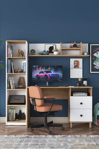 مكتب كمبيوتر مع رف كتب وأدراج Rani ، سلة، لون الجوز - أبيض