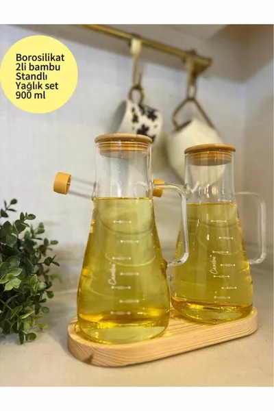 Bambu Kapaklı Ve Bambu Altlıklı Borosilikat Cam Yağdanlık Yağlık Sirkelik - 3 Lü Set