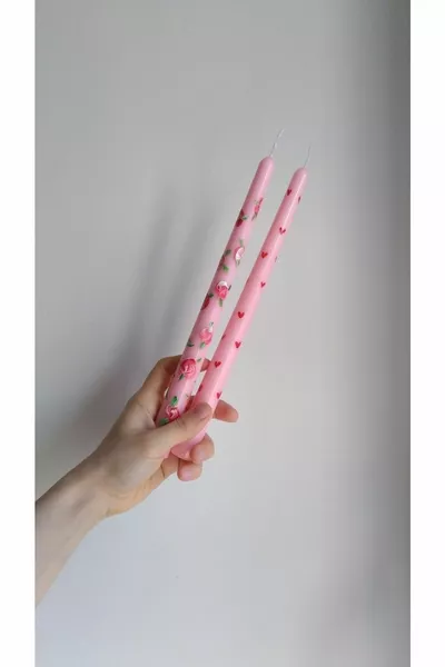 2 Candlesticks with Roses & Heart in Dusty Pink