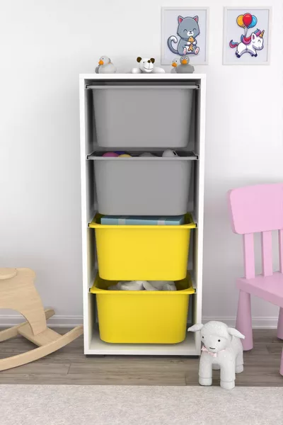 خزانة ألعاب متعددة الأغراض بأربع سلال عميقة، خزانة مطبخ ومستودع، باللون الأصفر والرمادي