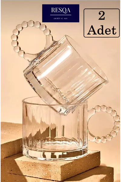 كوب زجاجي فاخر بتصميم خاص خط رينغو، ٢ حبة،  مل، بمقبض مرصع بالخرز