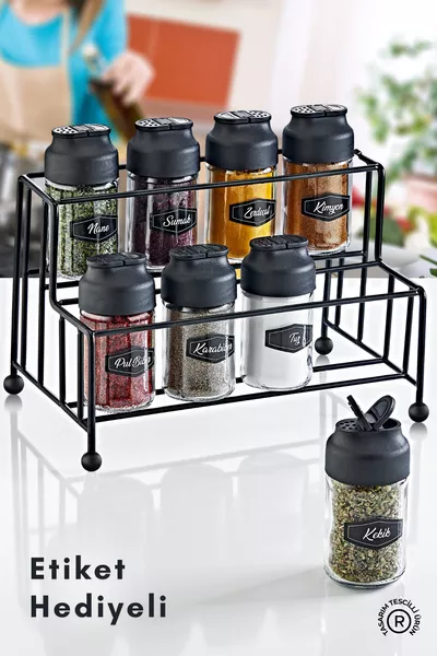 طقم توابل زجاجي بغطاء مزدوج 8 قطع مع حامل معدني - ملح وفلفل ومجموعة توابل