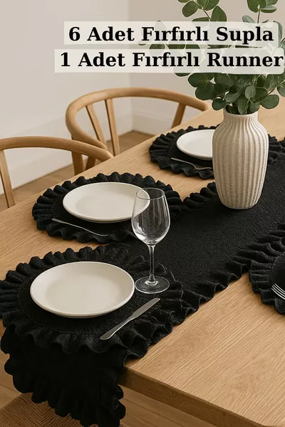 Zwarte Linnen Runner met Ruches & Set van 6 Ruches Placemat - 7-delige Dowry Set