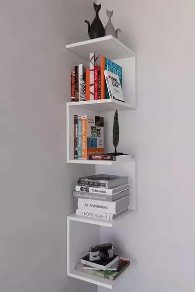Modern Decorative Corner Wall Shelf, Zig Zag Bookshelf Corner Design