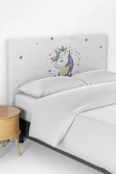Copriletto per Letto Singolo con Testiera per Cameretta Bambini con Motivo Unicorno Bianco