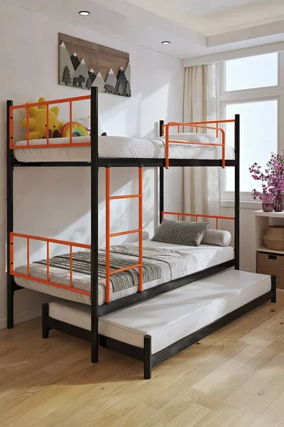 Tekno Bunk Bed with Loft, Compatible Mattress, 3-Person Orange Metal Bunk Bed