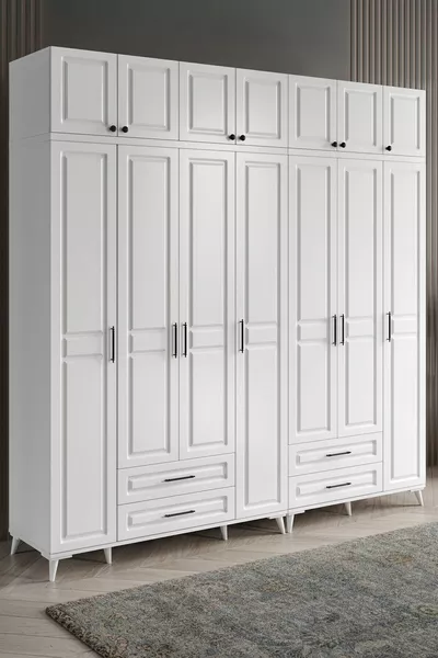 Free Installation Gözde 7-Door Wardrobe with Shelves Complete MDF White Wardrobe