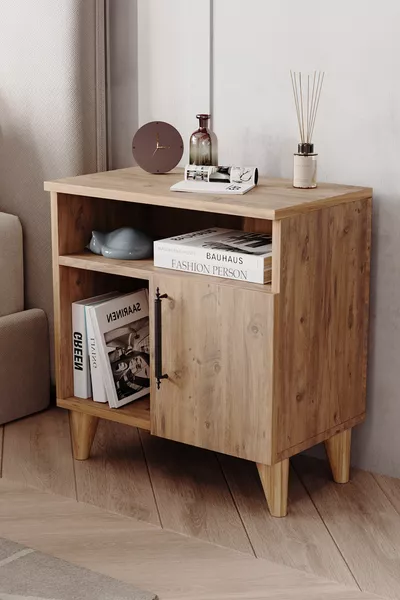 طاولة جانبية بأدراج بغطاء ومقسمتين، صنوبر الأطلسي