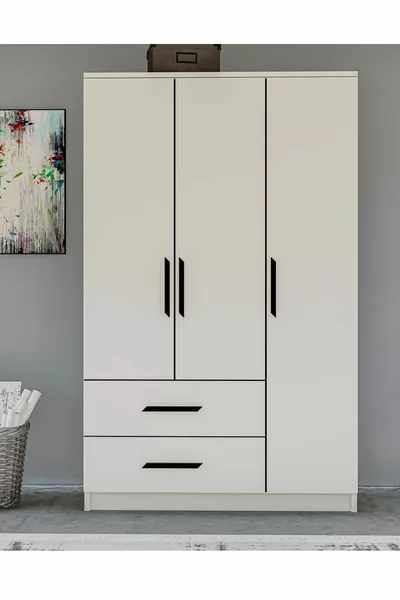 Gm  Modena 3-Door White Wardrobe with 2 Drawers and Black Handles