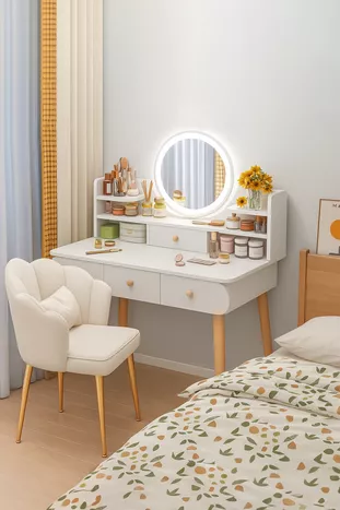 Coiffeuse moderne avec miroir LED Aura de qualité 1ère classe (% MDF), table de maquillage, table de toilette (B)