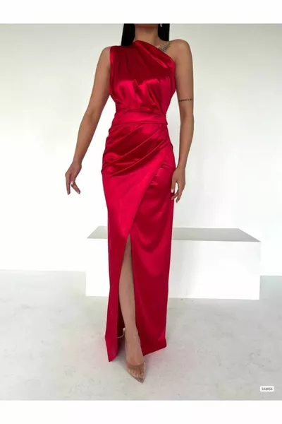 فيونا فساتين سهرة من الساتان بأكمام واحدة  أحمر