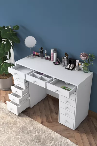 طاولة مكياج راني منظّم مجوهرات بأدراج باللون الأبيض