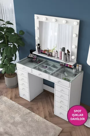 Rani Coiffeuse de Coulisse avec Miroir et Lumières Hollywood, Table en Verre, Organisateur de Bijoux, Blanc