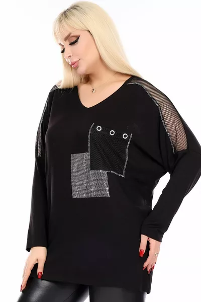 V-Neck Blouse with Pocket, Mesh Details on Sleeves, Stone Embellishments, Long Sleeves, Comfortable, Flowing, and Stretchy