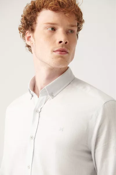 Erkek Gri Düğmeli Yaka % Pamuk Keten Dokulu Gömlek 