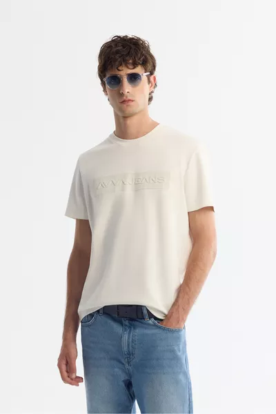 Herren Ecru Rundhals Bedrucktes Elastan Regular Fit T-Shirt 