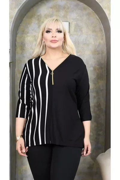Black and White Half-Striped Double-Sided Plus Size Blouse