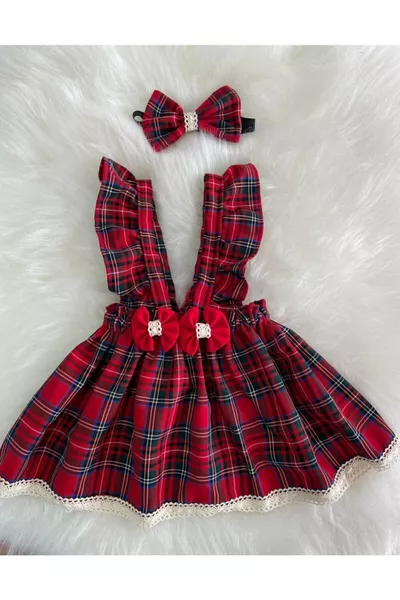 Ensemble salopette à carreaux rouges pour bébé fille avec bandana