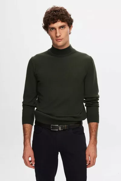 كنزة تريكو نص بطانية بياقة نصف سلحفاة Ds Damat بقصة عادية خليط قطن باللون الكاكي