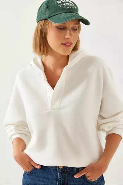 Kadın Kapişonlu V Yaka Sweatshirt 